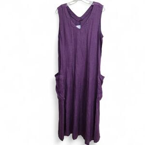 Match Point USA 100% linen sleeveless maxi dress Sz M slouchy Side pockets Plum